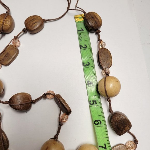 Large Wood Inspired Earthtone Beaded Long Statement Necklace - Picture 7 of 10